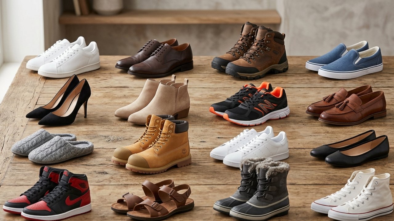 A variety of different shoes arranged on a table