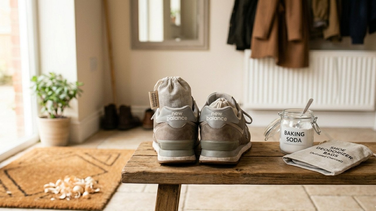 A pair of sneakers with deodorizing bags inside