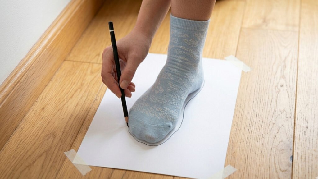 A man tracing his foot onto a piece of paper