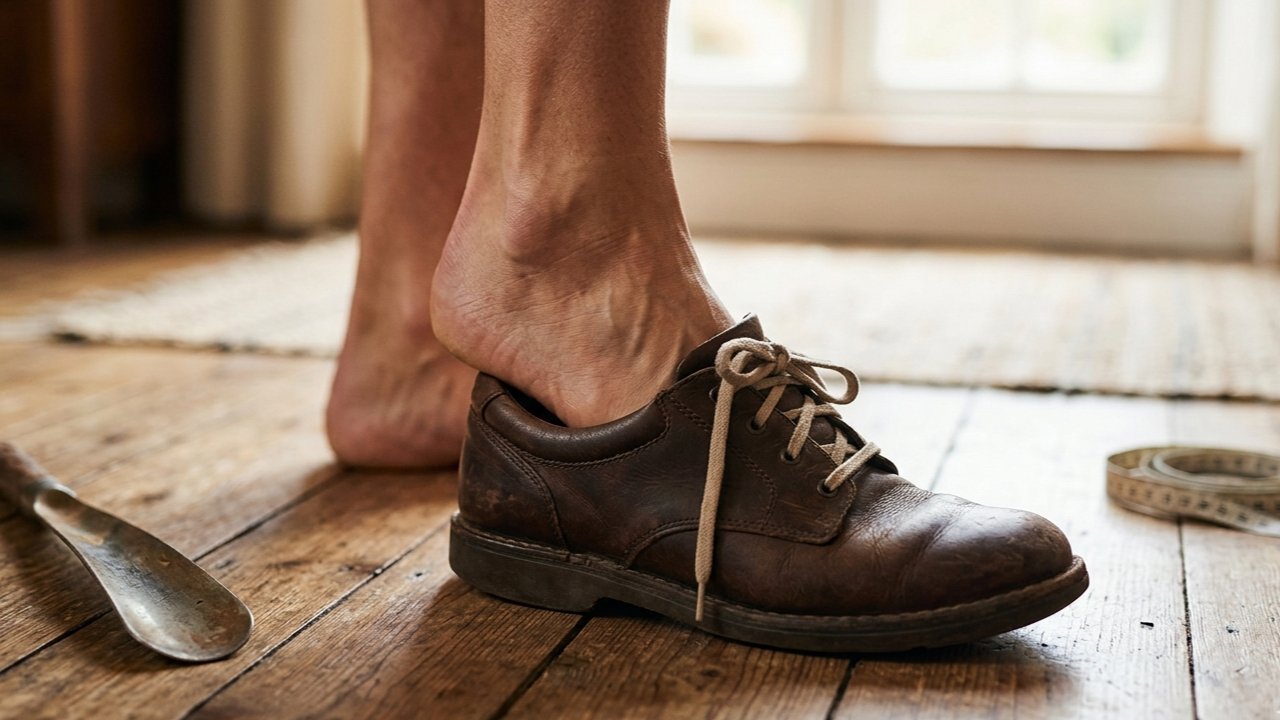 A man is adjusting his foot inside the shoe because he did not measure his shoe size before