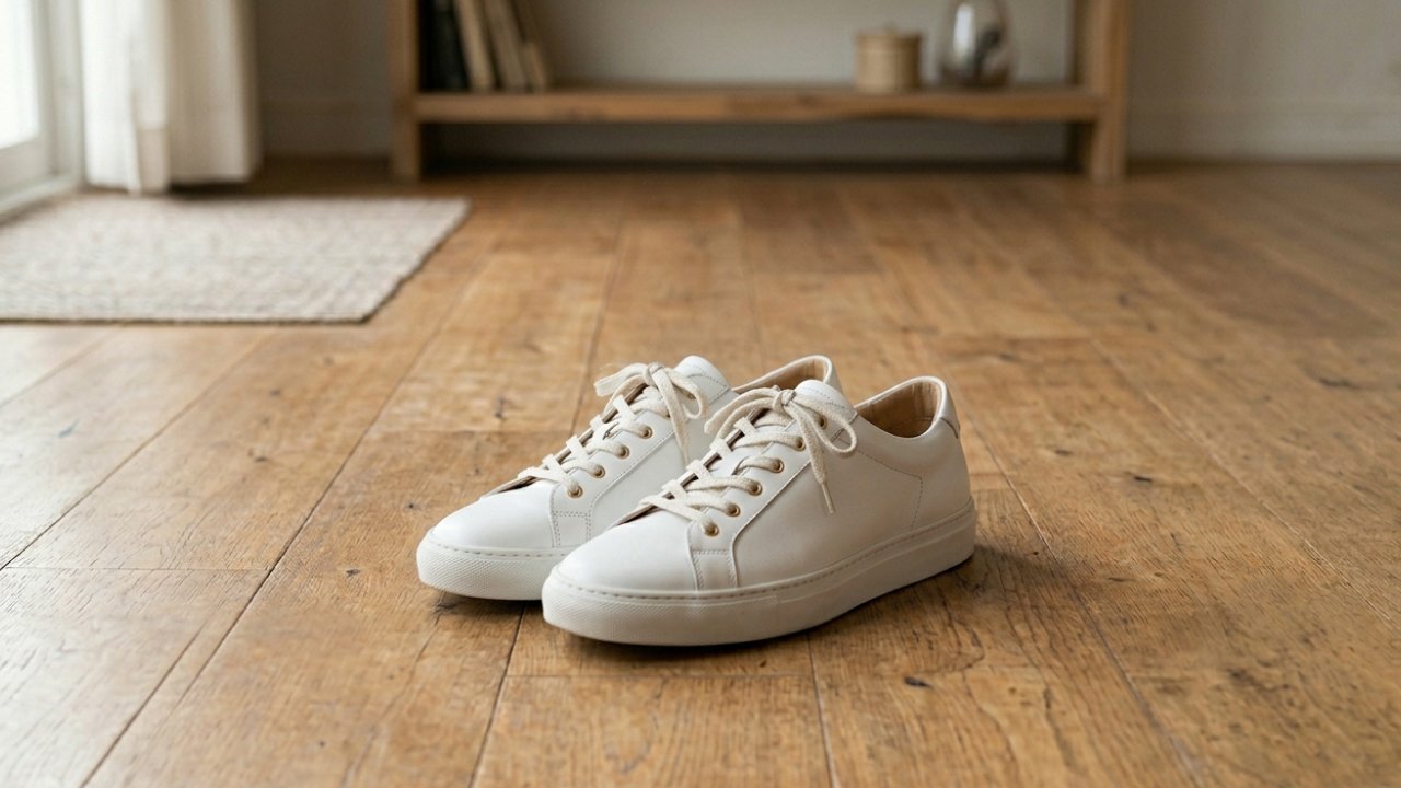 A pair of white sneakers on a wooden floor