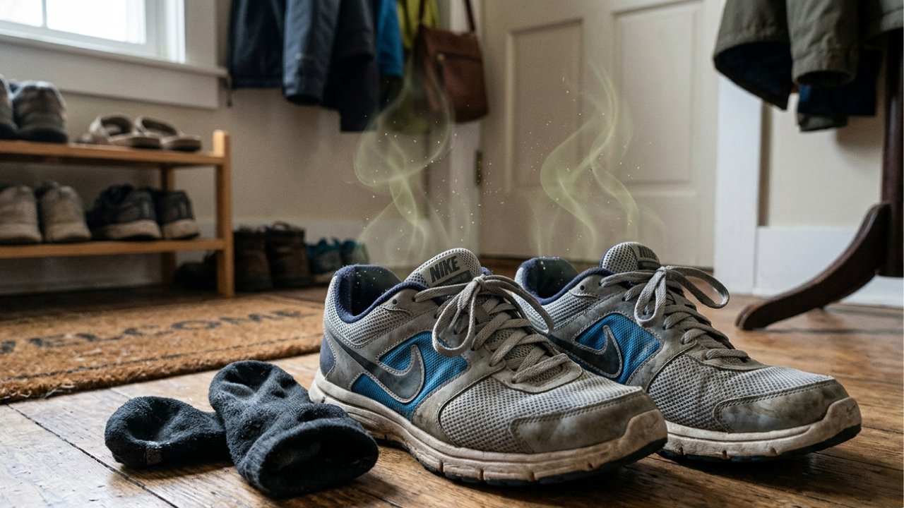 Smelly sneakers on a wooden floor