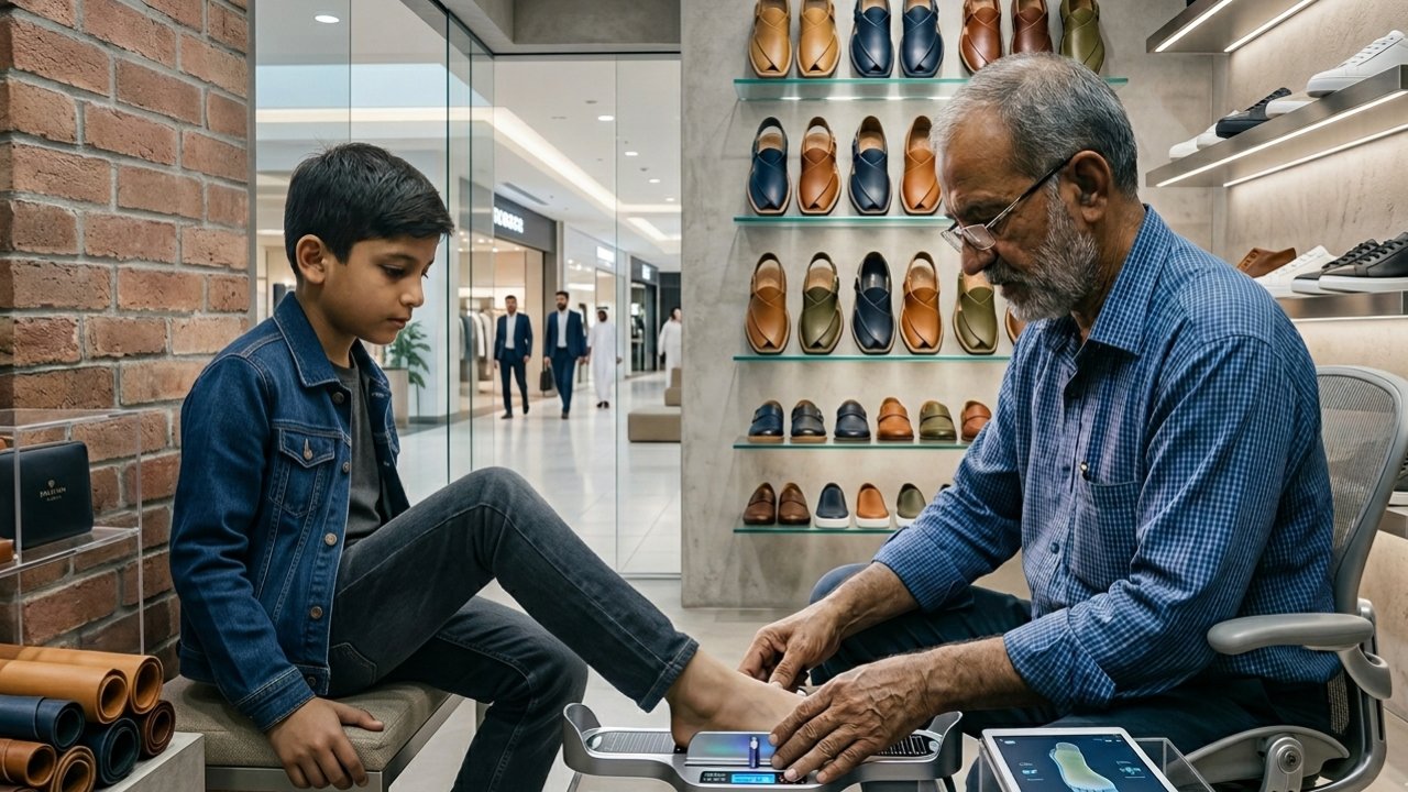 A worker is measuring a child’s foot for shoe size