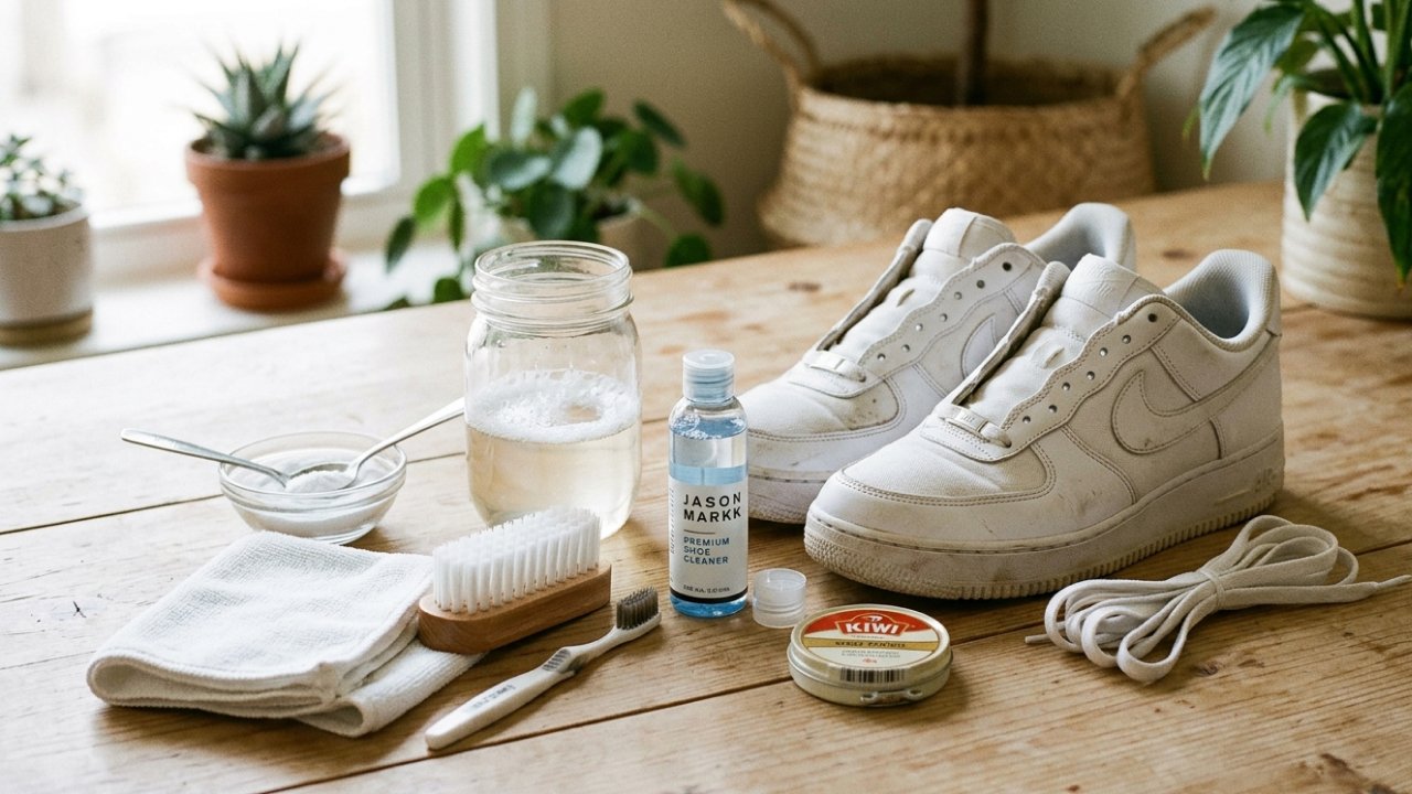 Cleaning items and white sneakers on a wooden table