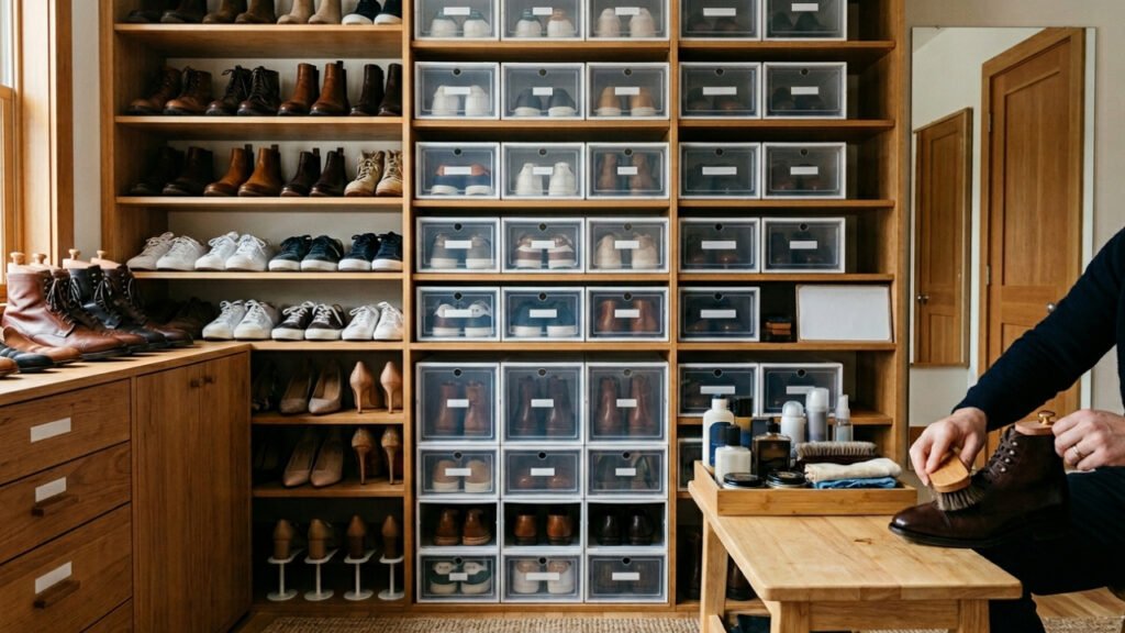 A person polishing boots in an organized shoe closet