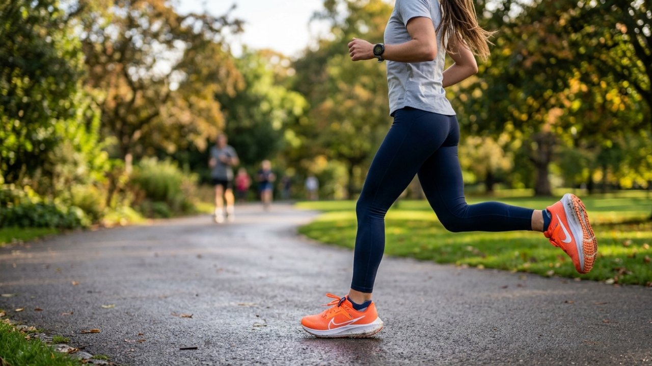 A girl running in a park wearing orange sneakers