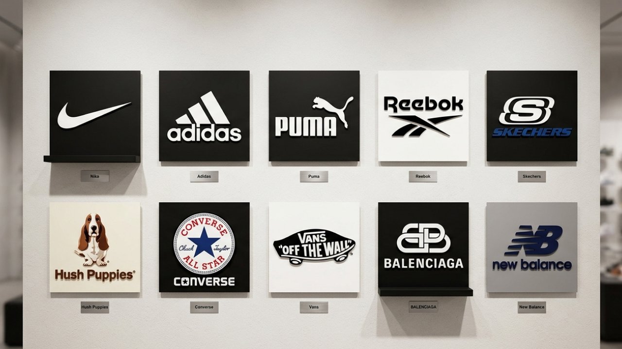 A wall displaying ten international sneaker brand logos