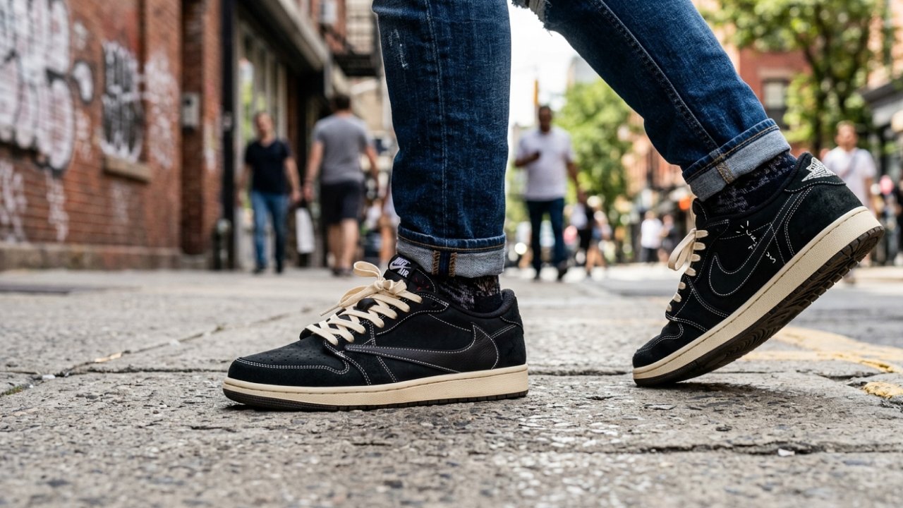 A person in a street wearing black sneakers