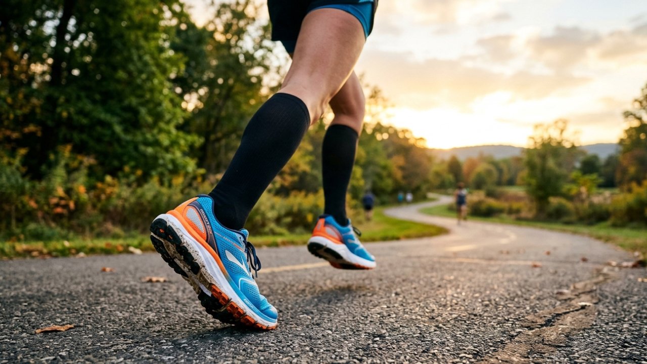 A close-up shot of a man running in blue shoes