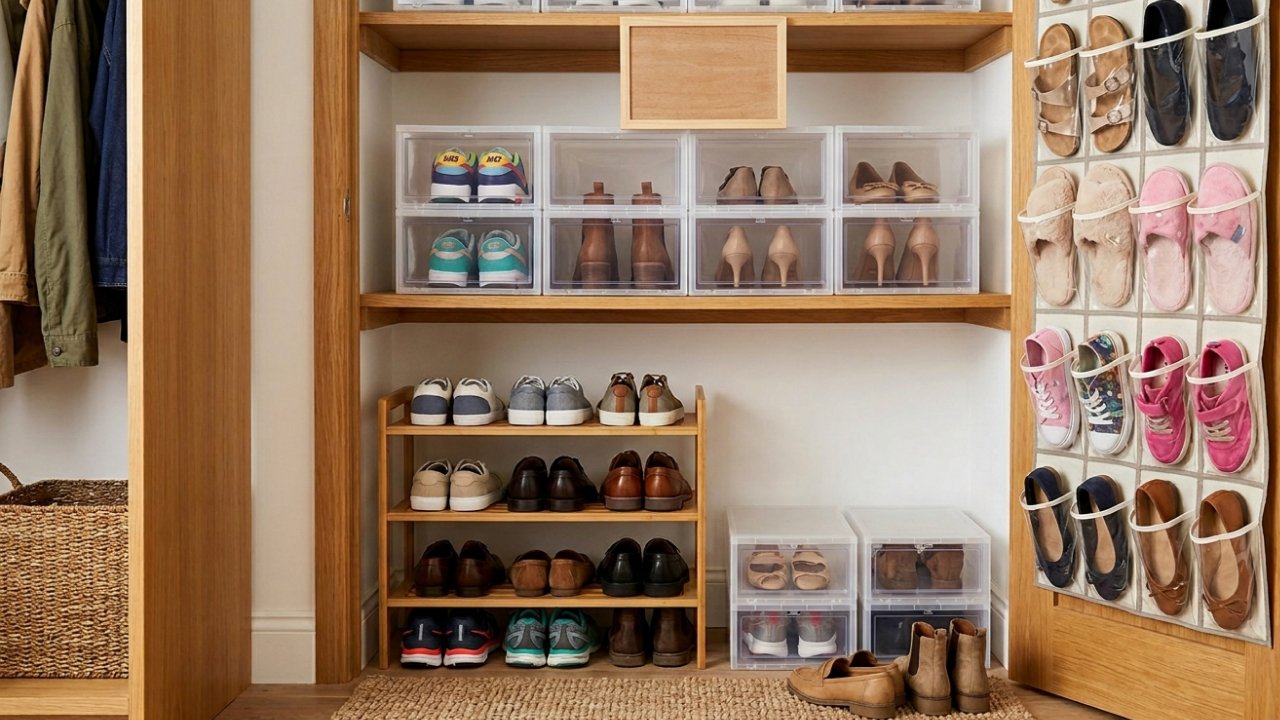Organized shoes on a wooden rack