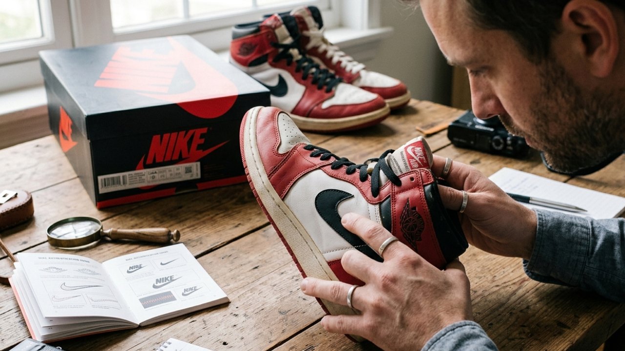 A man inspecting the authenticity of Nike shoes