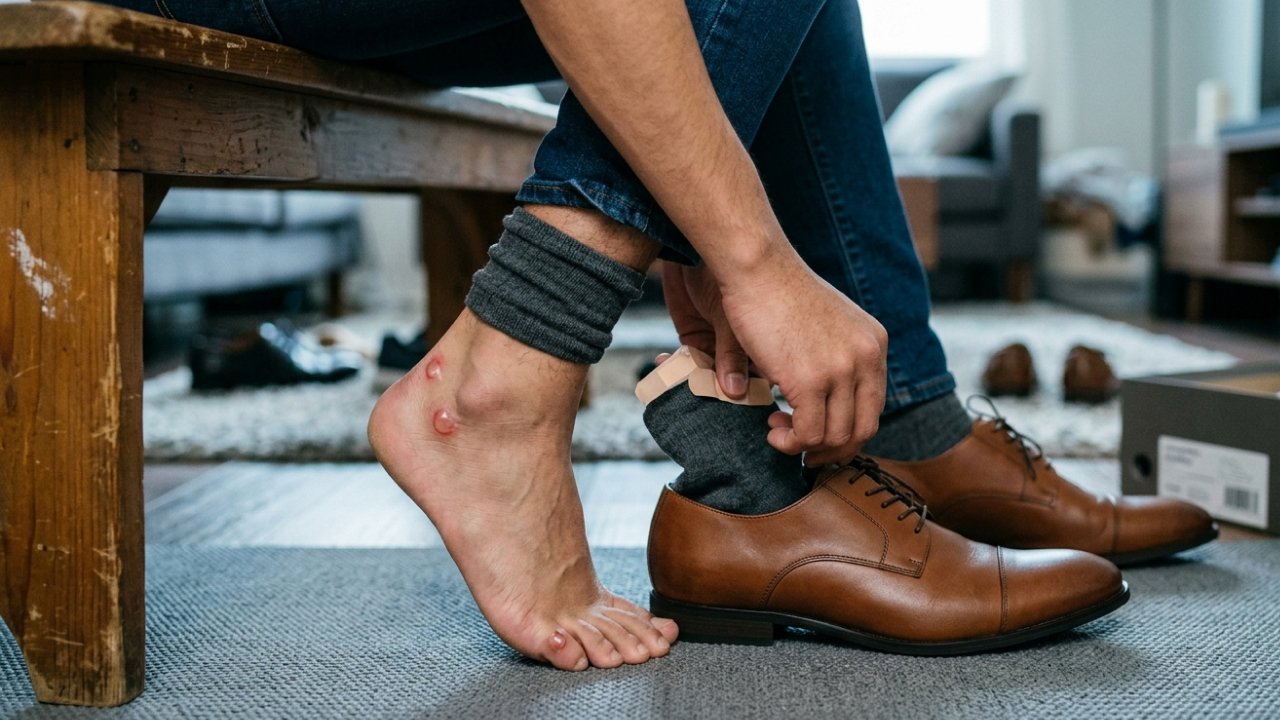 A man applying a bandage to his blistered heel