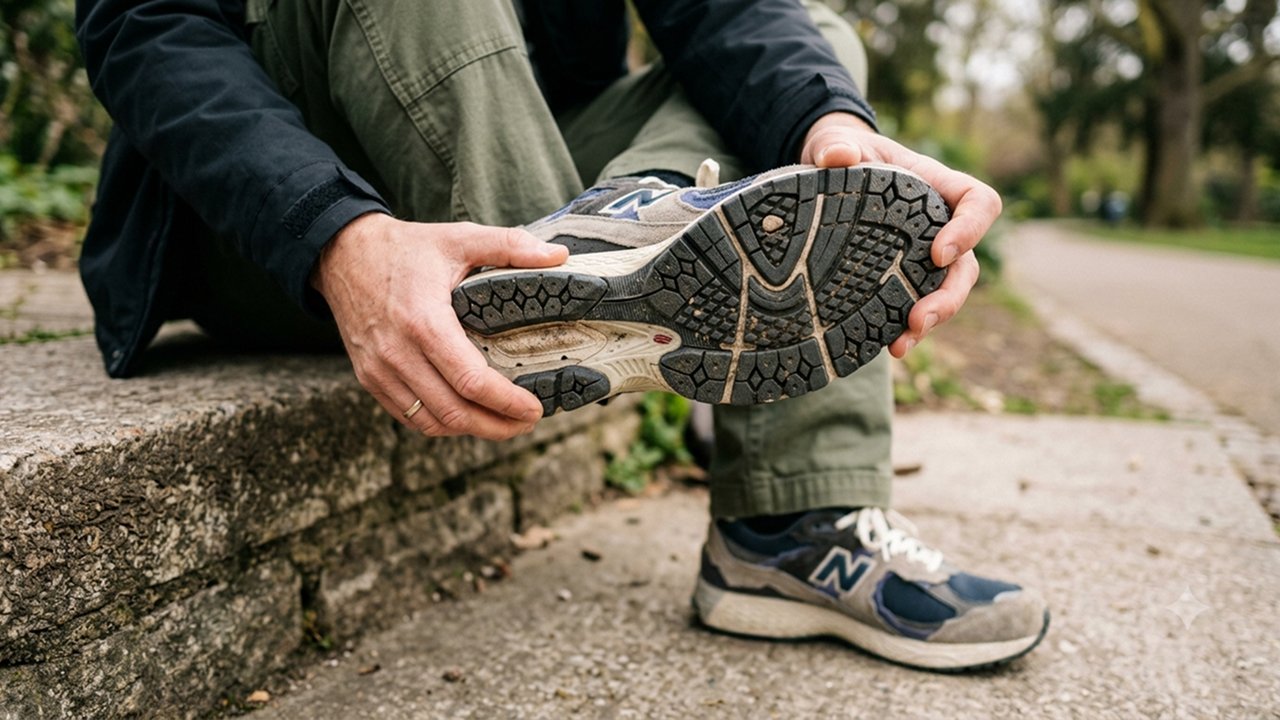 Close-up of a person checking the sole of his sneaker