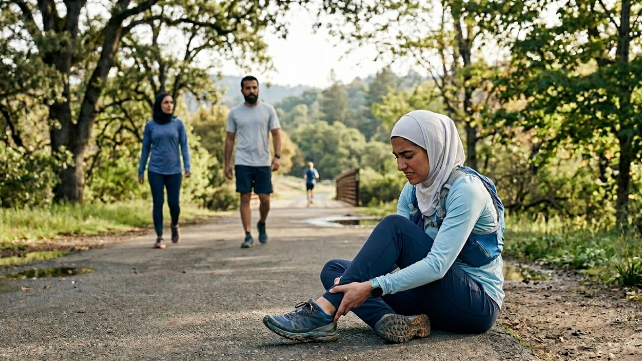 A female runner clutching her injured ankle 