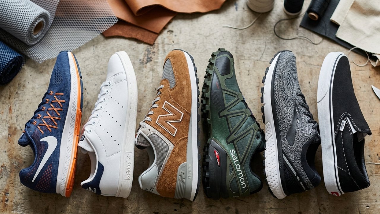 Six different sneakers on a table for buying sneakers