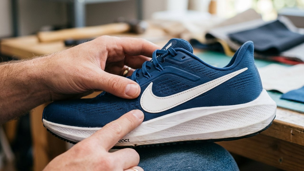 A close-up of inspecting a shoe's logo