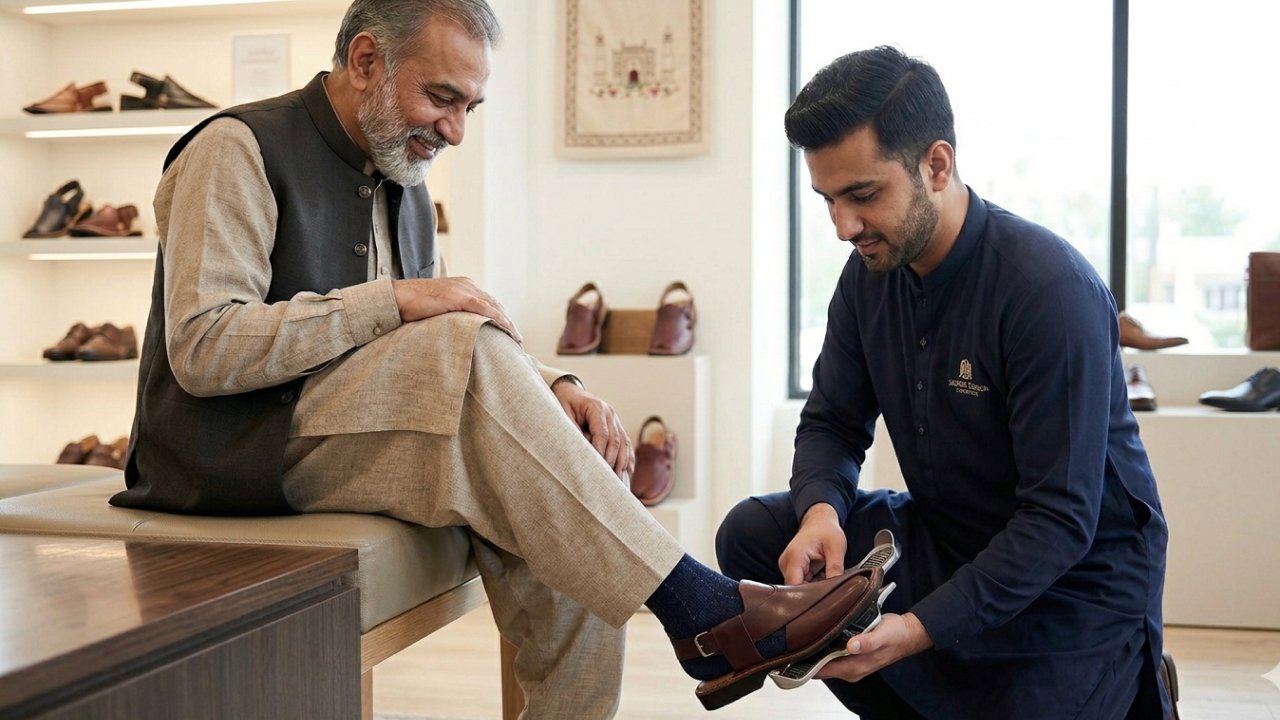 A salesman fits a leather shoe on a customer's foot