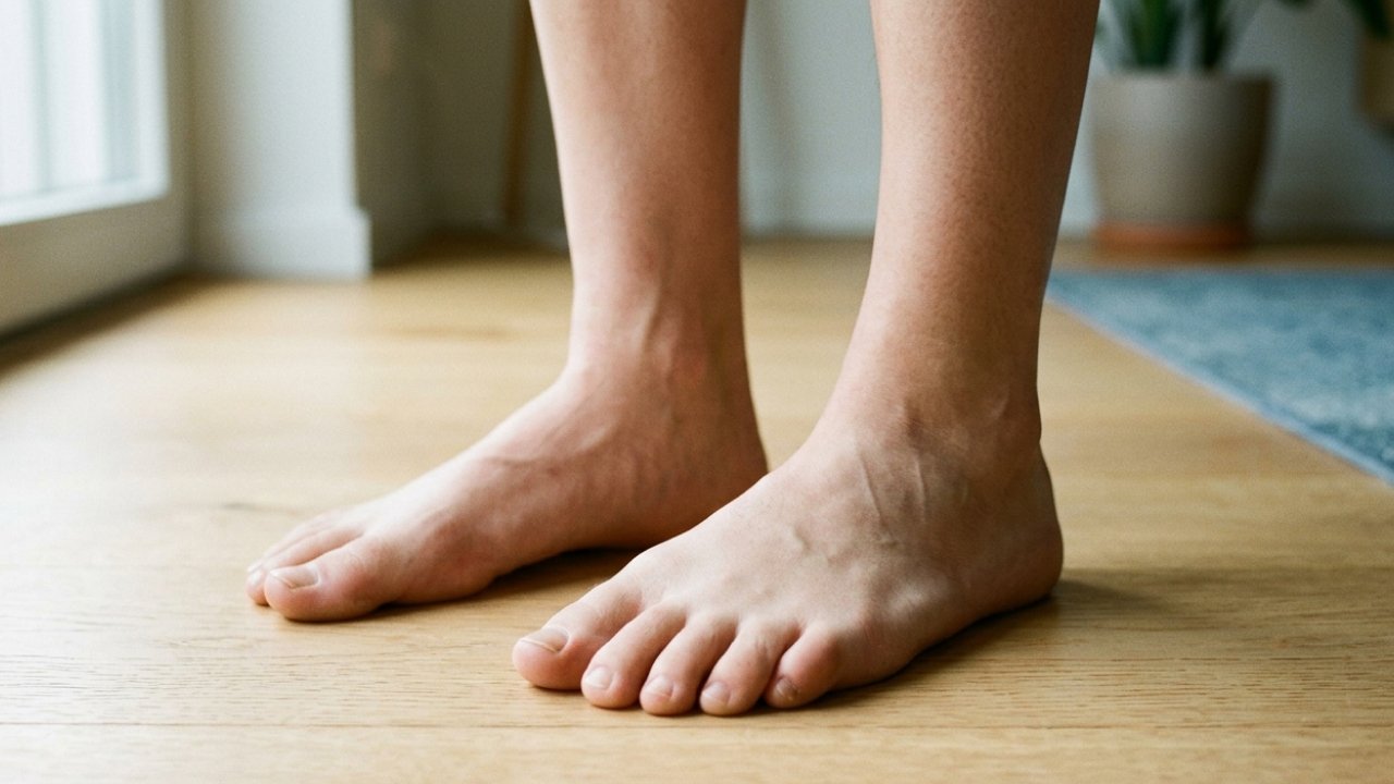 A man standing on a wooden flooring