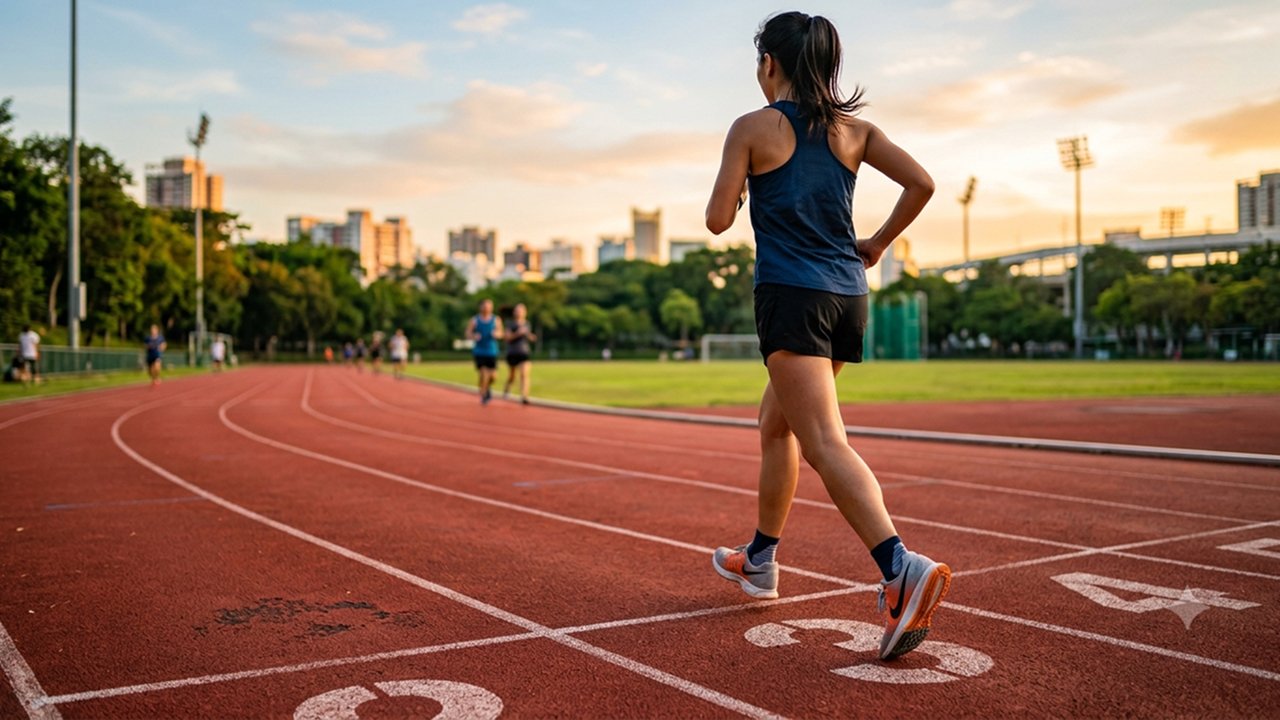 A girl wearing sneakers running along a track