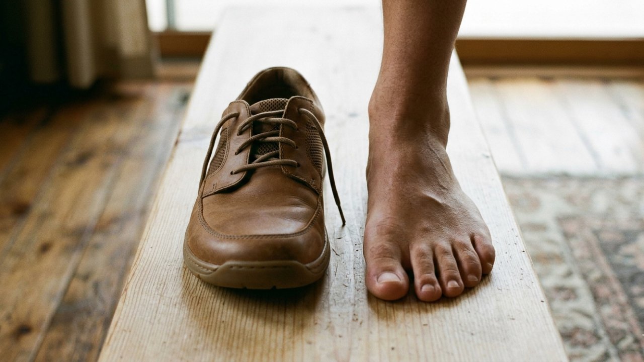 A brown shoe next to a bare human foot