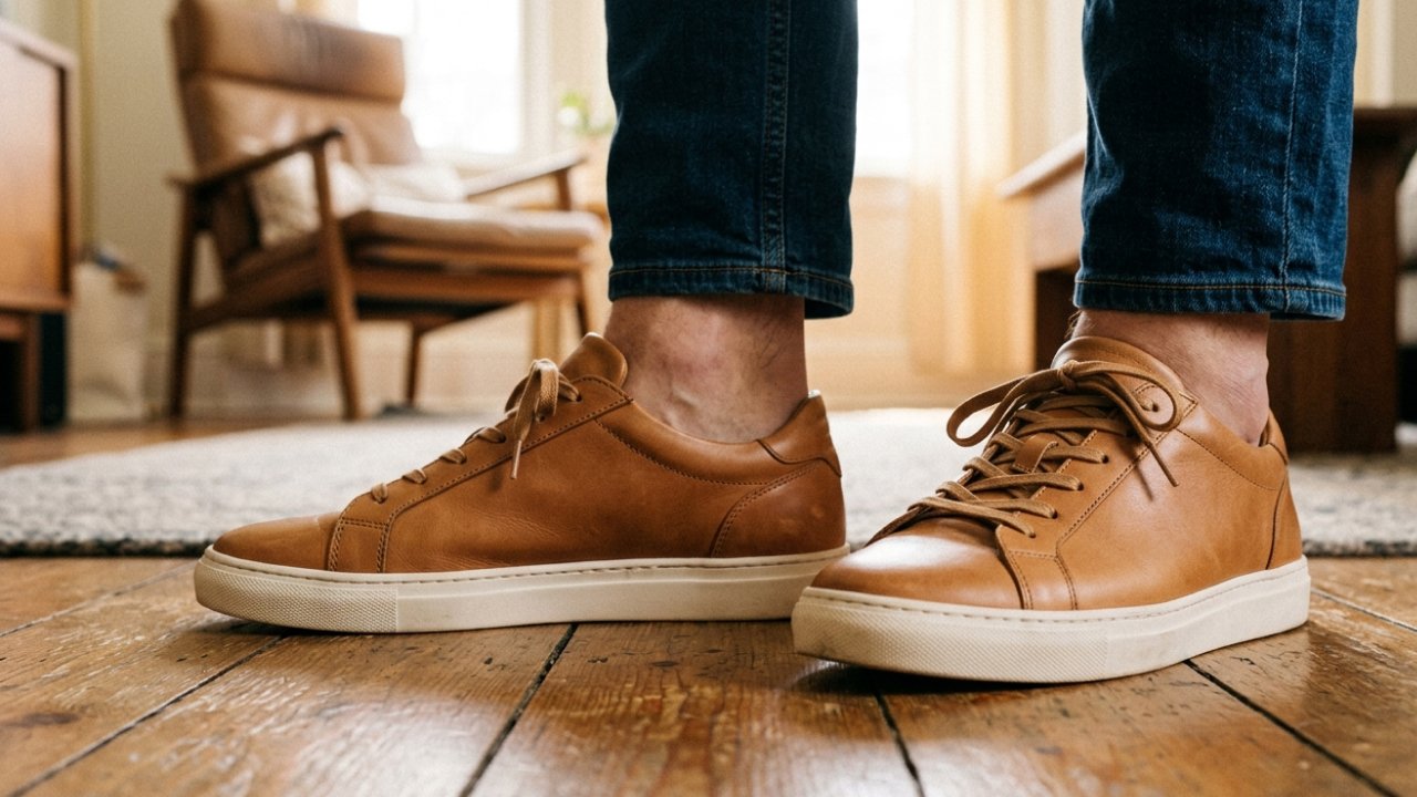 A man wearing brown sneakers